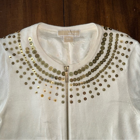 Michael Kors Cardigan Sweater Gold Sequin Cream Cotton Lined Zip Front S / P - Picture 5 of 11